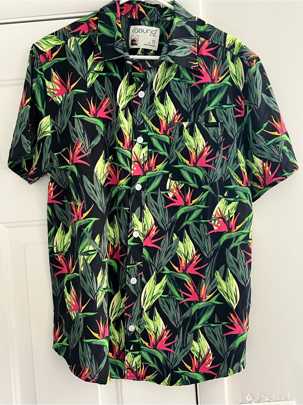 Laguna B Black Tropical Floral Shirt with Green & Pink Leaves